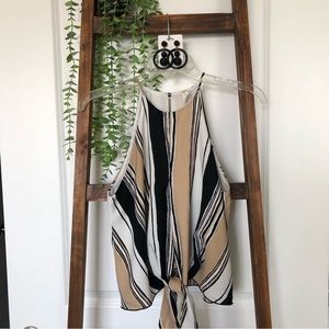 Tan, white & black striped sleeveless blouse SZ S